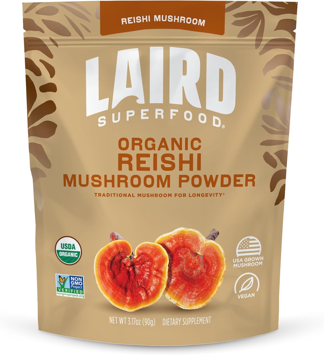 Laird Superfood Organic Reishi Mushroom Powder for Immune Support and Stress Relief, 3.17 oz. Bag, Pack of 1
