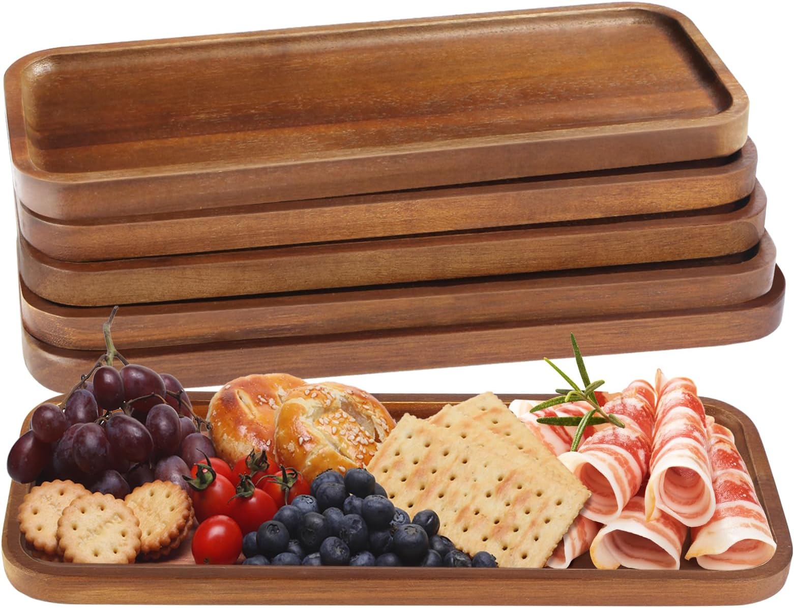 Acacia Wood Serving Platters and Trays - 14" x 5.5" Wooden Mini Charcuterie Boards, Small Cheese Board, Rectangle Wooden Tray for Kitchen Counter, Bathroom, Home Decor, Party (6, 14"X5.5")