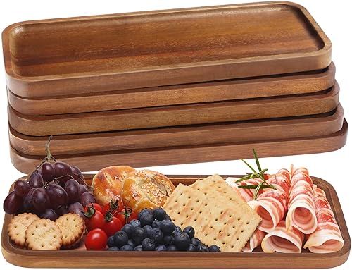 Bandeja de madera de acacia maciza para servir  Paquete de 6 platos rectangulares de madera de 14 x 5.5 pulgadas, tablas de madera para alimentos,