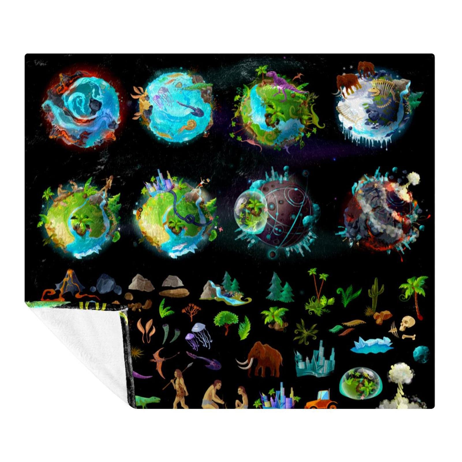 Etapas-Evolucion-Tierra-Creacion-Dibujos-Animados-Varios-Iconos-Colores-Plantas-Animales, coperta in pile super morbida e lussuosa