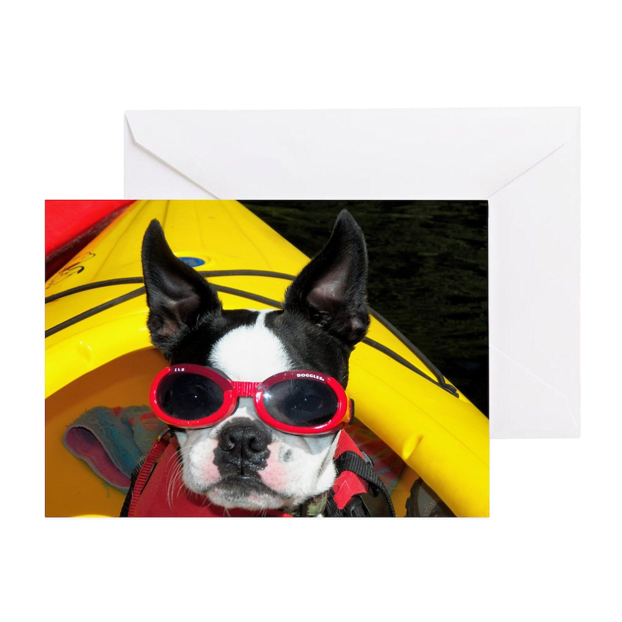 CafePress Red Goggled Boston Terrier Folded Greeting Card Matte