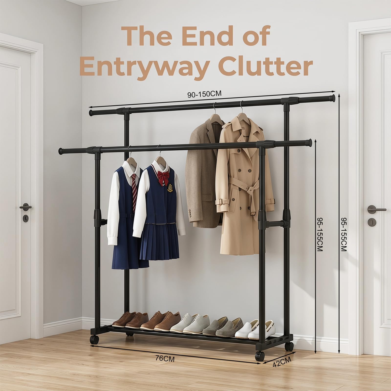 Appendiabiti da Terra con Ruote, Doppio Stand Appendiabiti Robusto in Metallo, Porta Abiti con 2 Ripiani per Scarpe Regolabile in Altezza per Camera da Letto Lavanderia Ingresso (90-150)x42x(95-155)cm