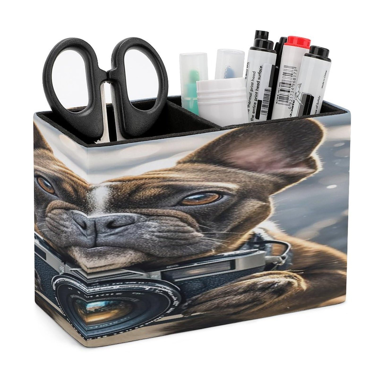 LZQPOEAS French Bulldog Puppy with Camera Leather Pen Holder with 2 Compartments Luxury Pencil Holder Minimalist Pencil Cup Brush Scissor Holders Elegant Pen Cup for Office Home Desk Accessories