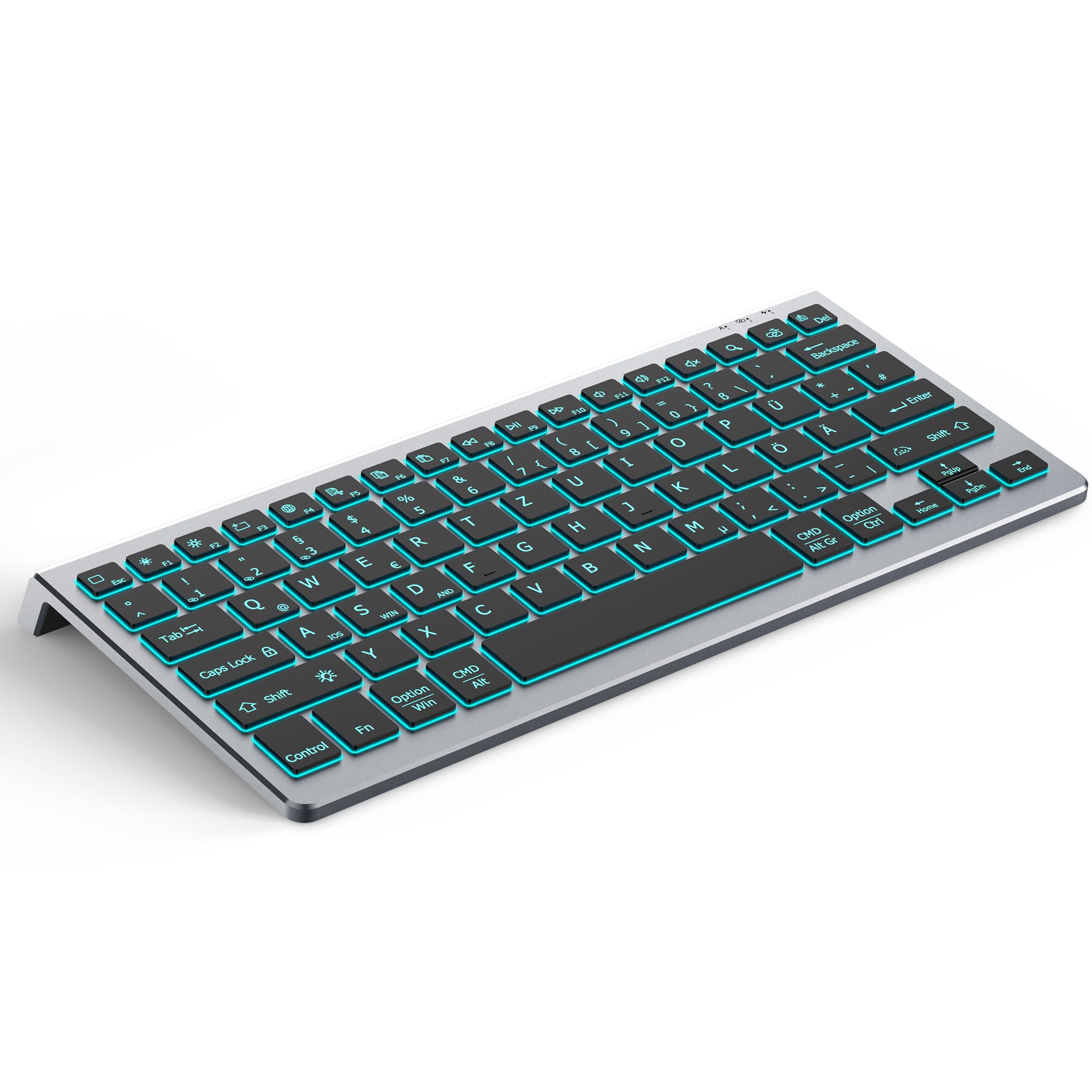 CACOE Deutsche Bluetooth Tastatur Kompatibel Mit iPad A16/10/iPad Air/Pro Tastatur Kompatibel Mit IOS, Android, Windows, Samsung, Lenovo, 7 Farben Beleuchtete, 3 BT Kanäle, Grau
