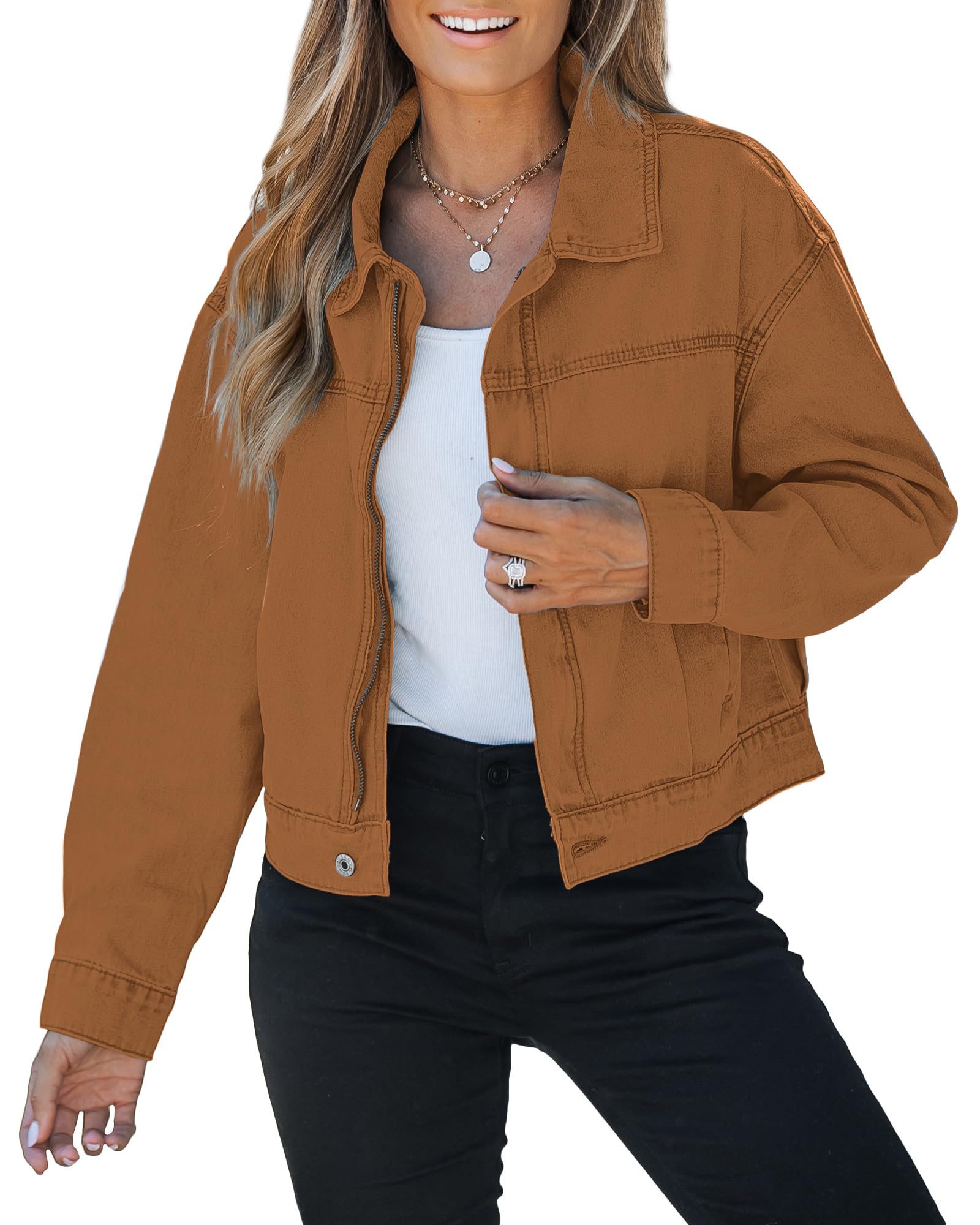 luvamiaOversized Jean Jacket Women Cropped Zip Up Denim Jackets Lightweight Trucker Shacket with Pockets Western Trendy