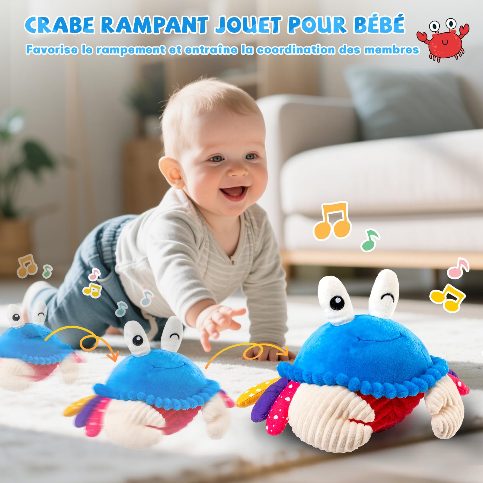 SAIMAND Jouet Bébé 6-18 Mois – Peluche Crabe Musicale Interactive avec Enregistrement, Jouet d’Éveil pour Tummy Time, Jeu Sensoriel Bébé, Cadeau Garçon Fille 1 2 3 Ans (Bleu)
