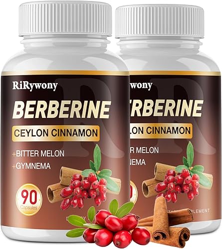 Suplemento de berberina, berberina con melón amargo de canela de Ceilán y Gymnama - 1500 mg Berberina HCL para la salud intestinal, paquete de 2 180