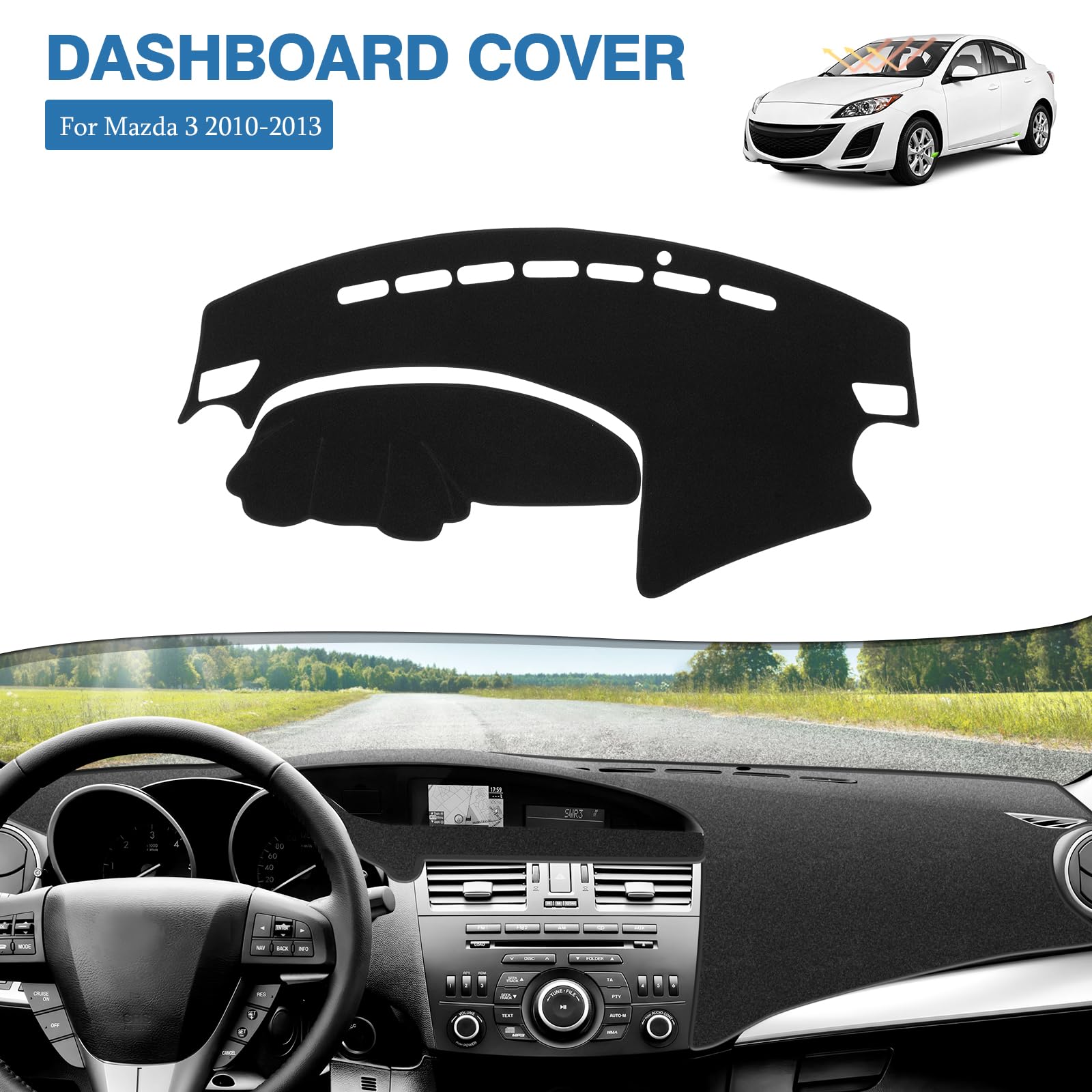 FIILINES Cubierta de tablero para Mazda 3 Sedán, Hatchback y MazdaSpeed3 2010-2013, alfombrilla de salpicadero para Mazda 3, accesorios, tapete para salpicadero, tapete para salpicadero, protector de