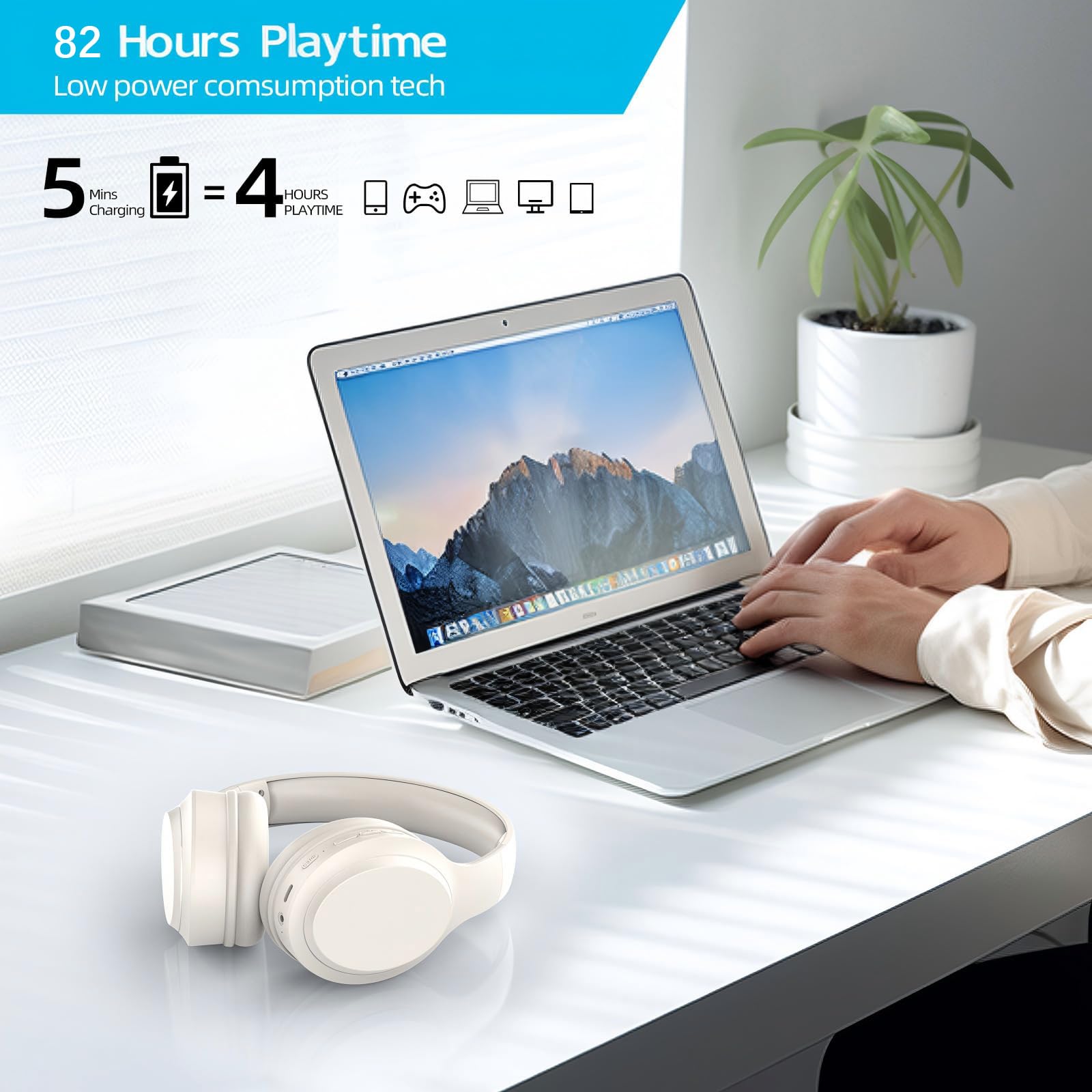 5.3 Casque sans fil Bluetooth avec microphone intégré, autonomie de 82 heures, prise en charge de l'audio haute résolution, coussinets confortables, pliables et respirants, compatible avec les télépho