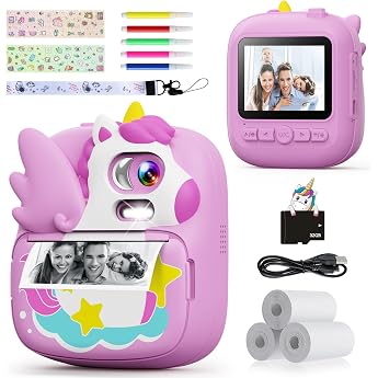 CAMCLID Children's Camera Instant Camera 2.4 Inch with 32GB Card & 1080P HD Includes 3 rolls of paper inkless print MP3 & 5 games gift for boys & girls from 3 to 12 years