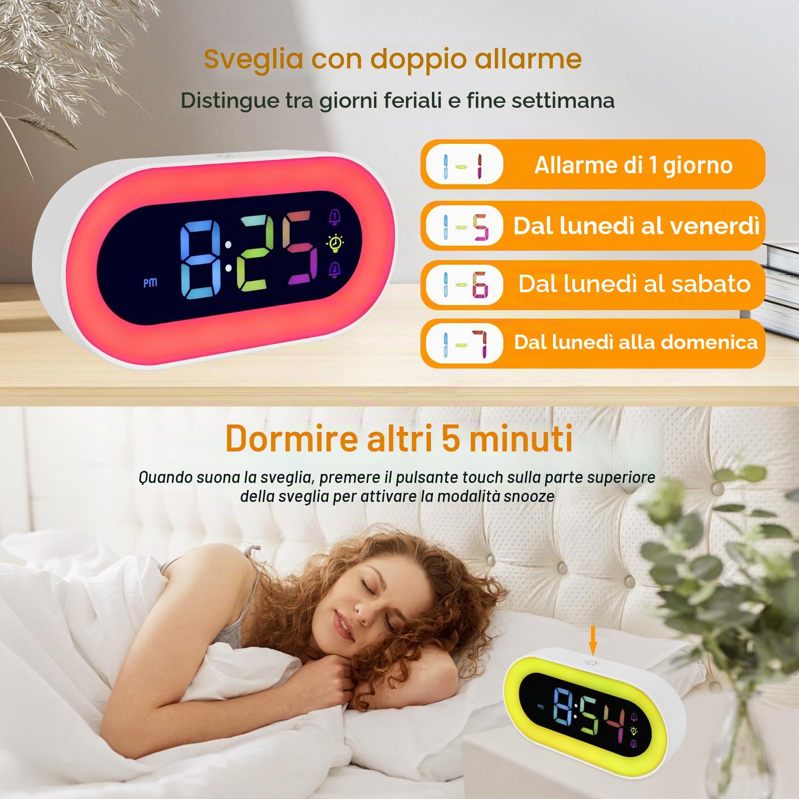 Seutgjie Sveglia Bambina, Sveglia Digitale da Comodino con Batteria USB Ricaricabile 2500mAh 9 RGB Luce Notturna Doppi Allarmi 18 Suonerie Modalità Snooze 12/24 ore Regalo Natale