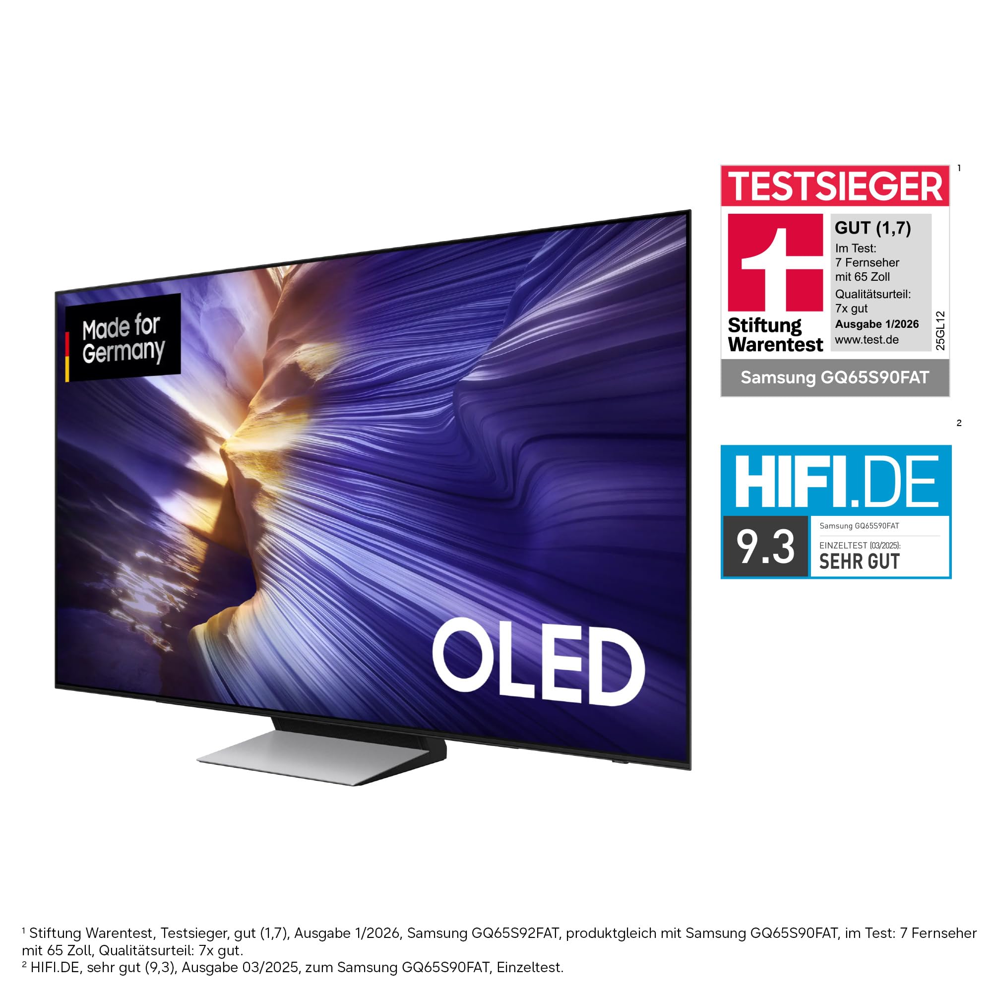 Samsung OLED 4K S90F 65 Zoll (163 cm), UHD Fernseher, Optimiert für Fussball und Gaming, NQ4 AI Gen3 Prozessor, OLED HDR+, 4K Upscaling Pro, Dolby Atmos, Motion Xcelerator, Samsung Vision AI Smart TV