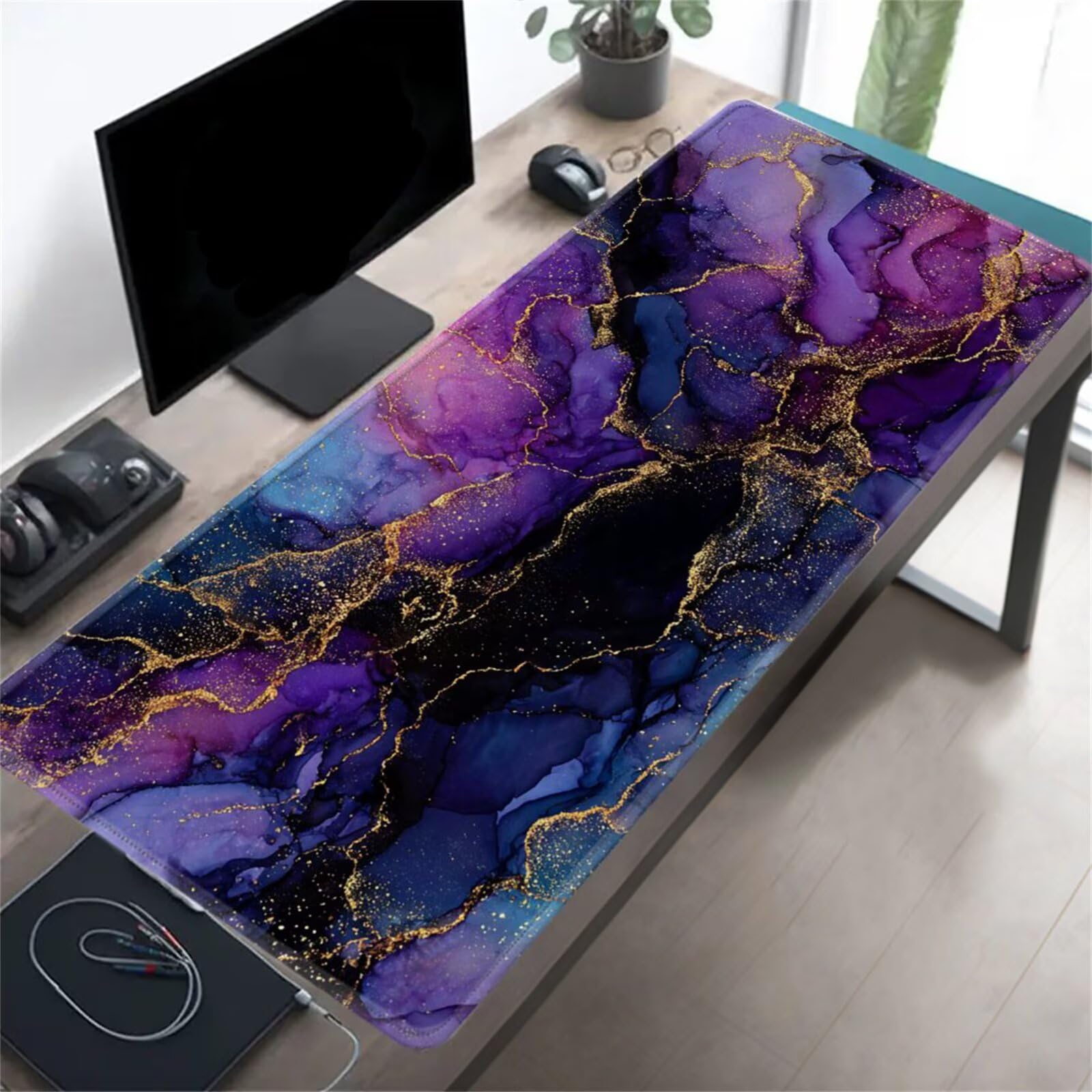 Grand Tapis de Souris de Jeu 1000x500x2 mm Mouse Pad Gaming Marbre Violet Tapis de Bureau Antidérapant avec Bords Cousus pour Bureau, Études, Gamer