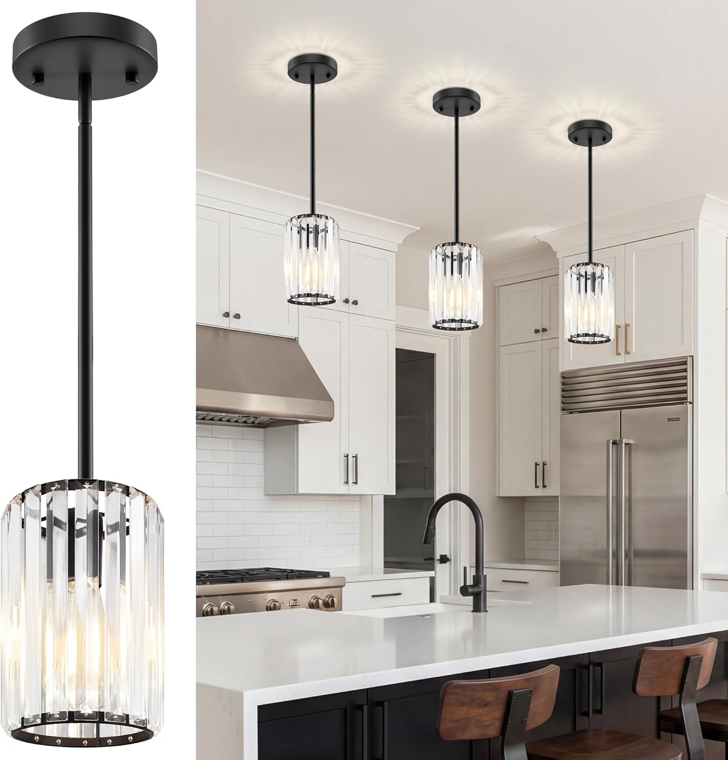Black Pendant Light, Modern Crystal Pendant Lights Kitchen Island, Kitchen Island Lighting with Adjustable Height, UL Certified Island Lights for Kitchen Dining Room Bedroom Hallway 3 Pack
