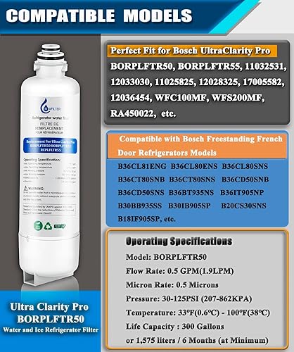 Miniatura 2 de BORPLFTR50 Repuesto para filtro de agua Bosch Ultra Clarity Pro, compatible con filtro de agua para refrigerador 11032531 12033030 BORPLFTR55