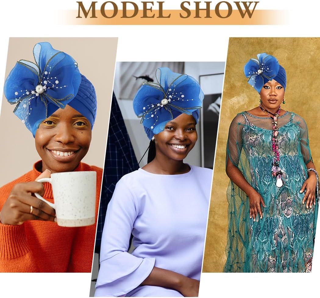 Bohend Big Flower Knotted Headwrap Cap Pearl Beads Pre Tied Turbans Beanie Bow Knot Bonnet Ruffle Stretch Headscarf Hat Women - Image 4