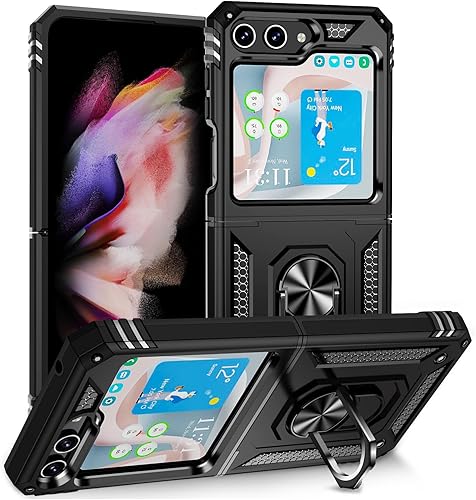 Miniatura 2 de ONOLA Funda para Samsung Galaxy Z Flip 5 con protección de bisagra y soporte magnético de anillo giratorio de 360°, para Samsung Z Flip 5 5G negro