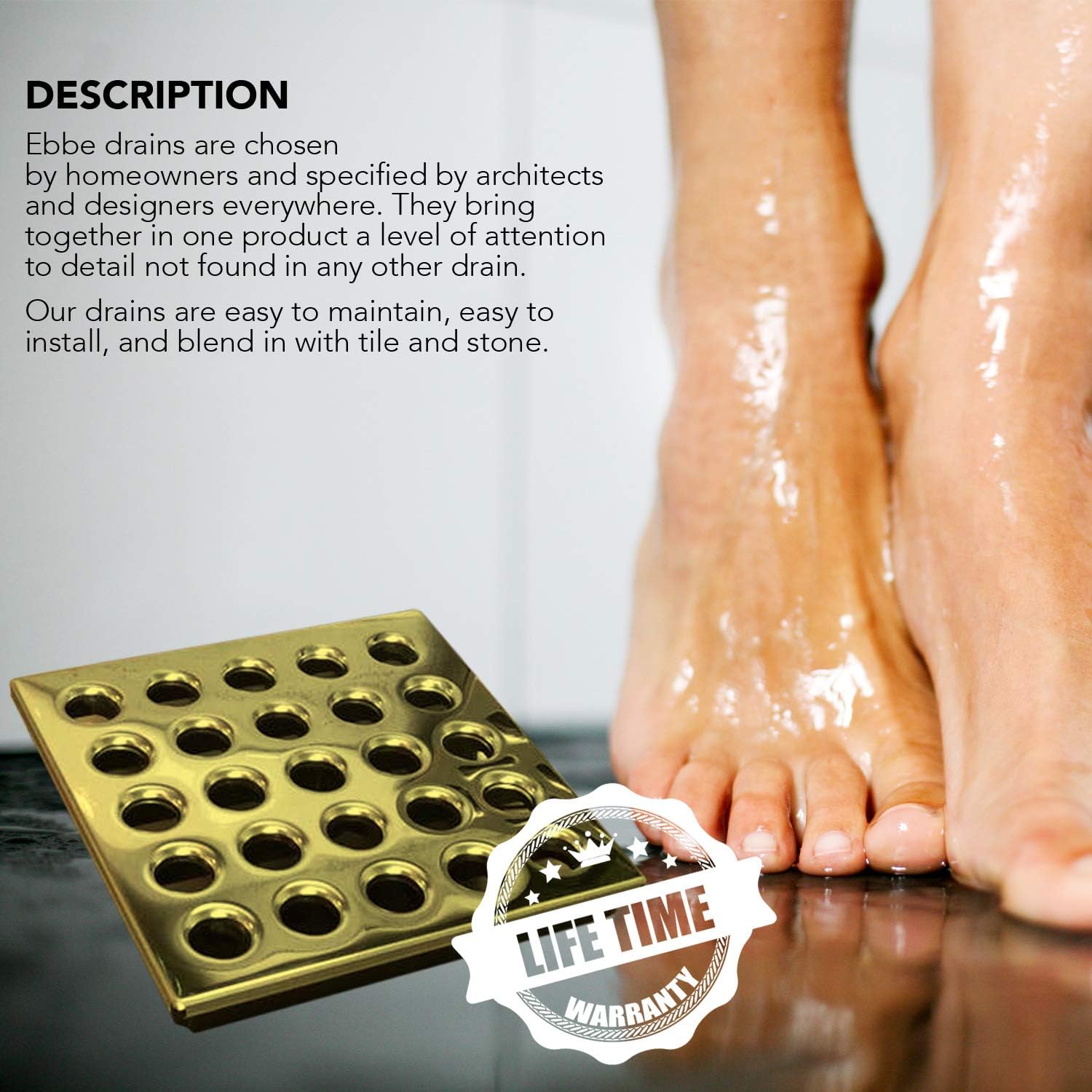 Ebbe E4402 Square Shower Drain Grate, Satin, Gold