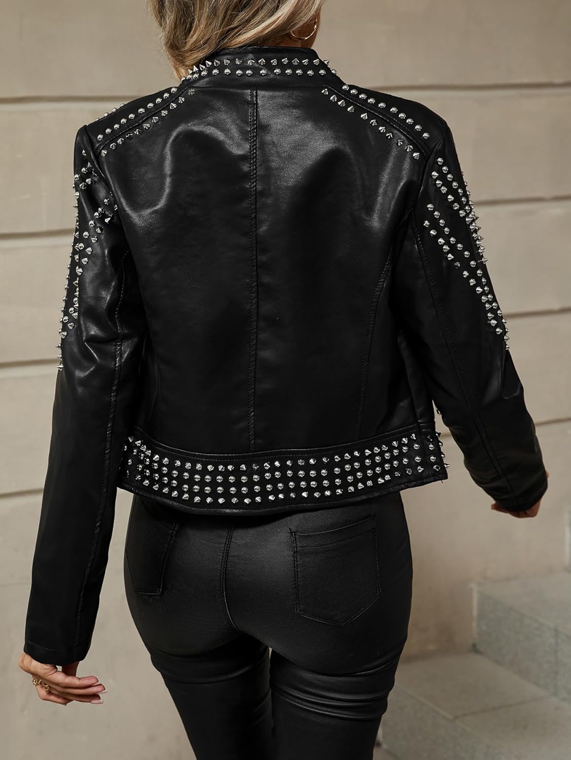 Bellivera Women's Faux Leather Jacket Studded Rivet Casual Short Moto Biker Stand Collar Coat - Image 4