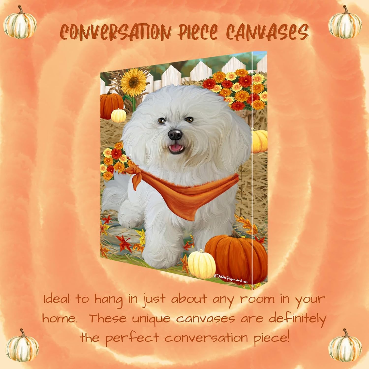 Doggie of the Day Fall Greeting with Bichon Frise Dogs Canvas Wall Art - Premium Quality Ready to Hang Room Decor - Flat Rolled 11" x 14"