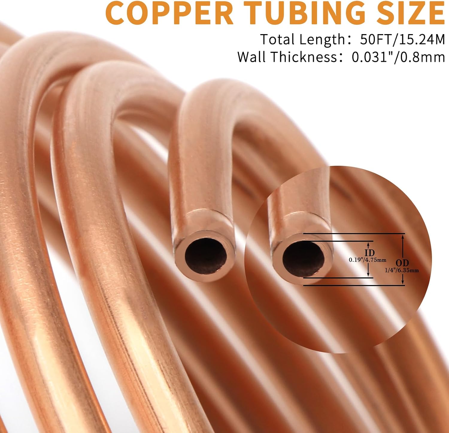 Copper Tubing 1/4" OD x 3/16" ID x 50Ft, T2 Pure Copper Tube Soft Coil, Metal Round Seamless Pipe Tubing for Air Conditioning Refrigerator, Industry,DIY
