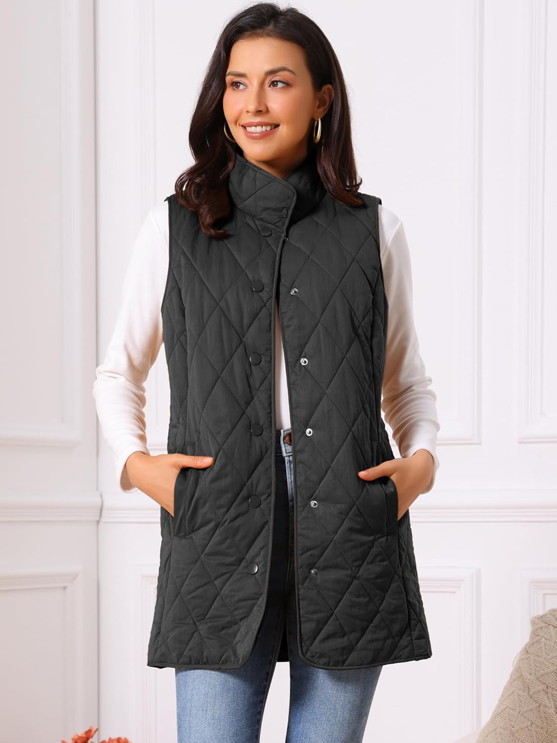 Seta T Women's Long Puffer Vest Stand Collar Sleeveless Puffy Jackets Lightweight Gilet Quilted Warm Coat - Image 3