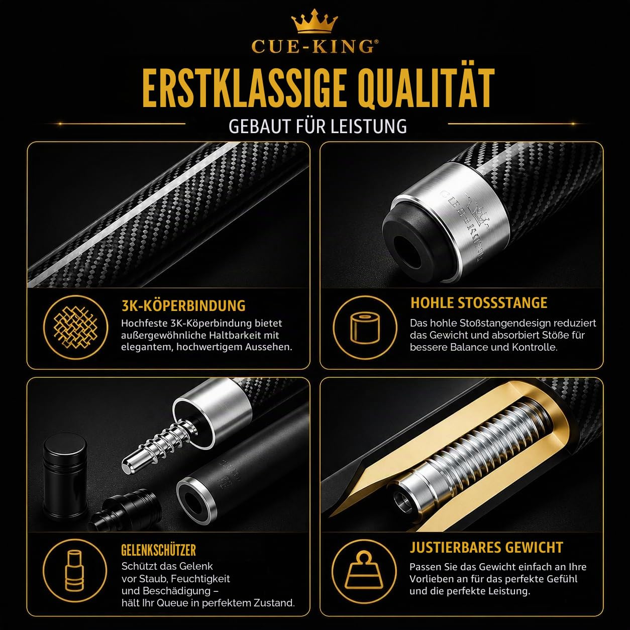 Cue-King Billardqueue aus Kohlefaser, Militärqualität, 147,3 cm, 510,3 g, 2 Stück, mit 12,5 mm Premium-Spitze, mit glänzender freiliegender Kohlefaser, professioneller Pool-Queue