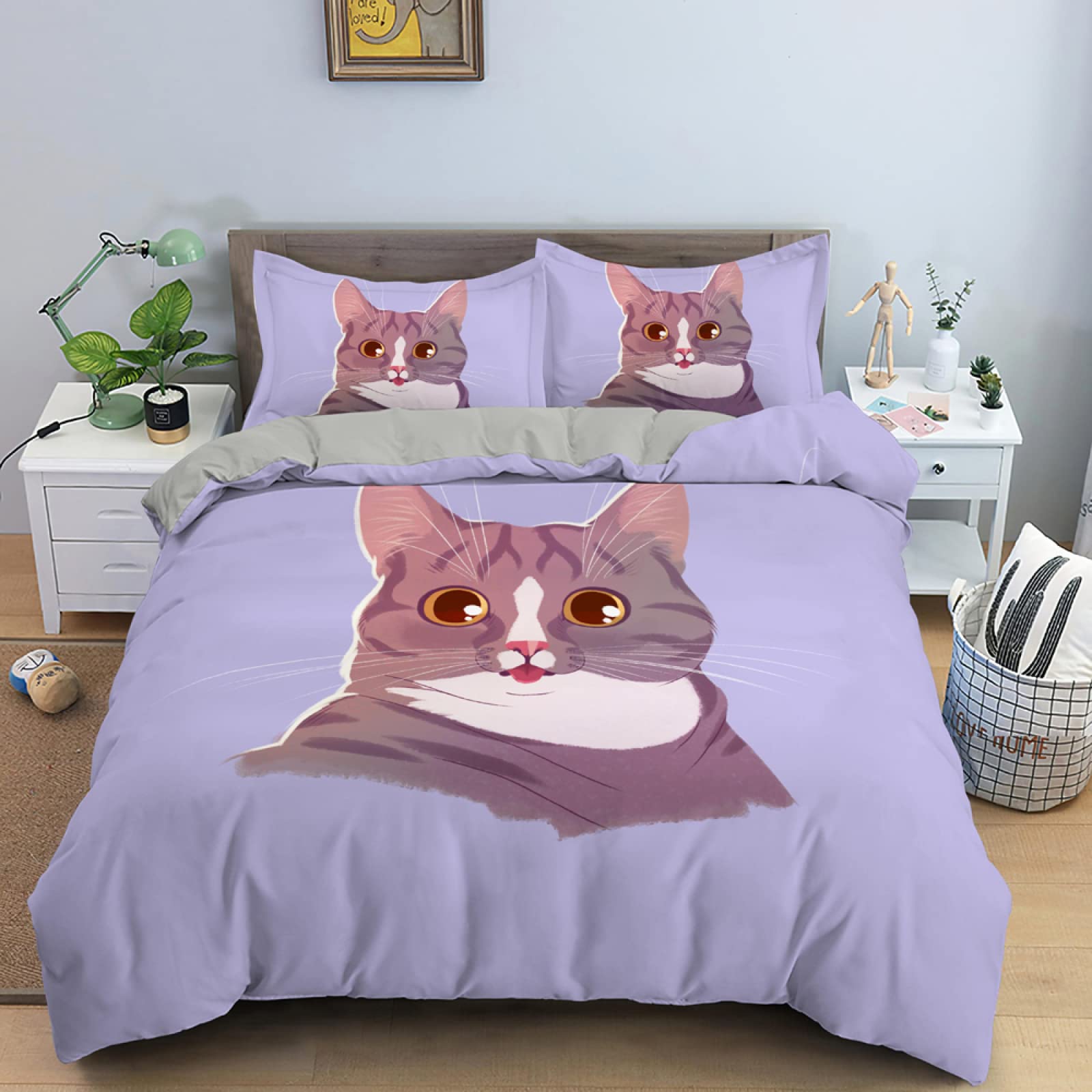 Parure de lit adulte 220x240 cm housse de couette chat violet microfibre 2 personnes zippée