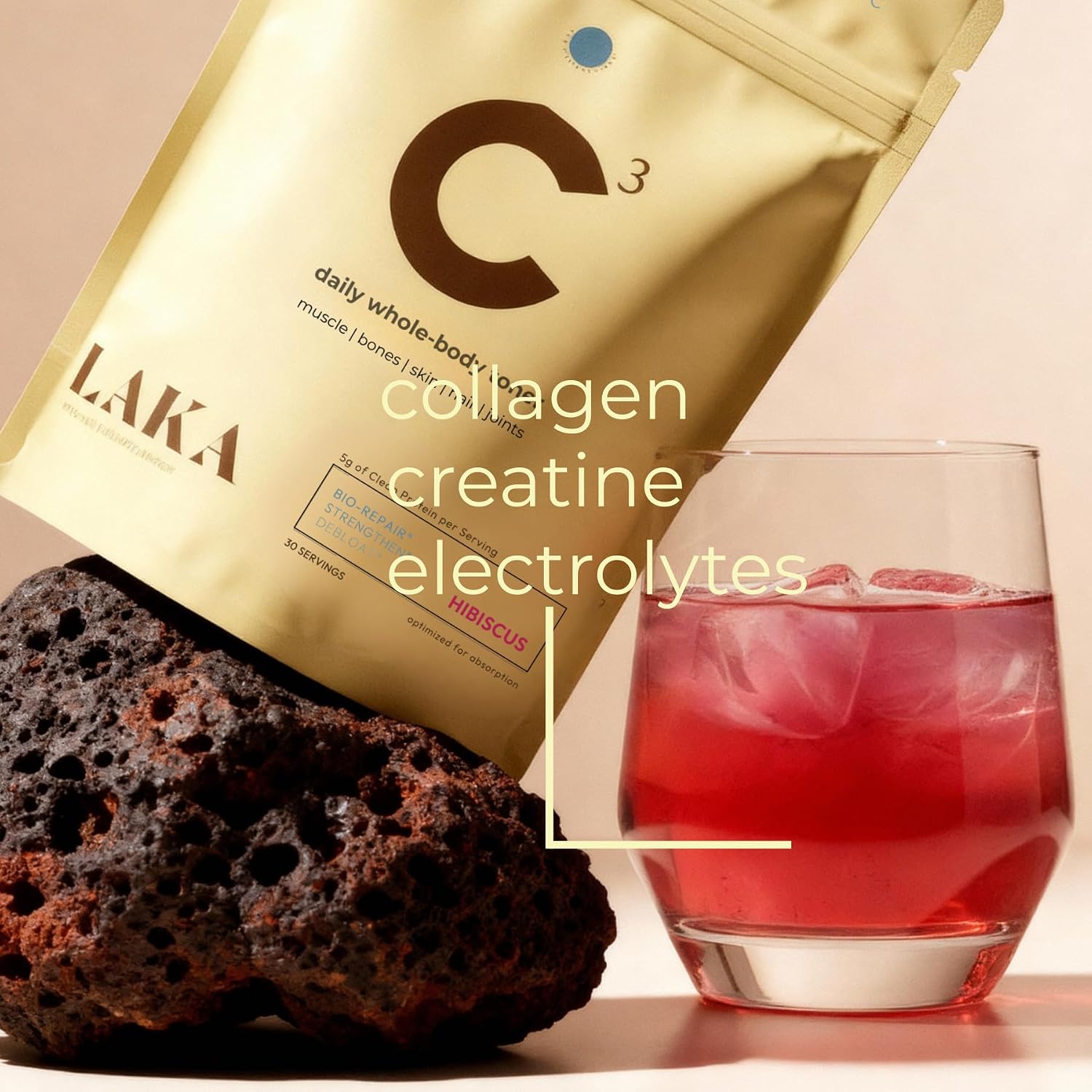 LAKA C3 Collagen + Creatine Electrolyte Powder – Sugar Free Hydration Powder with Peptan® Marine Collagen, Vitamin C & Electrolytes