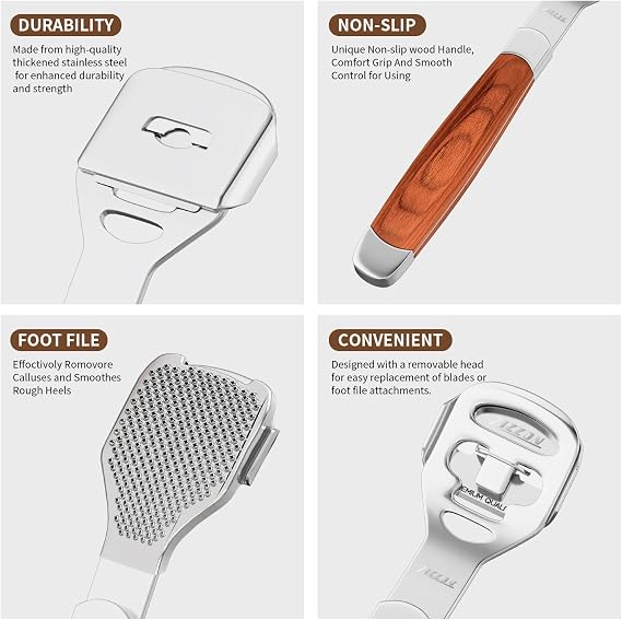 Foot Care Pedicure Callus Shaver Hard Skin Remover Wood Handle 10 Blades | Professional callus remover for hard skin, wood handle grip, includes 10 replacement blades for long-lasting pedicure care.