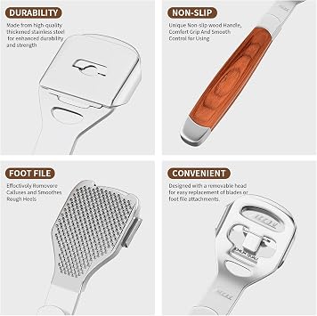 Foot Care Pedicure Callus Shaver Hard Skin Remover Wood Handle 10 Blades | Professional callus remover for hard skin, wood handle grip, includes 10 replacement blades for long-lasting pedicure care.