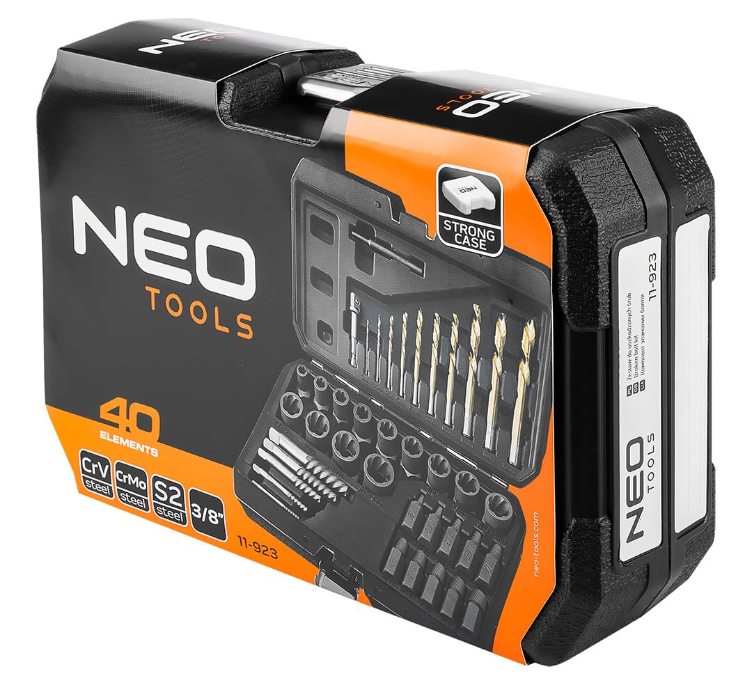 NEO TOOLS 40-częściowy zestaw wykrętaków śrubowych: CRV/CRMO/S2, wiertło do metalu, klucze nasadowe, nadają się do wkrętarki udarowej, wytrzymała walizka, idealna do warsztatu i majsterkowiczów