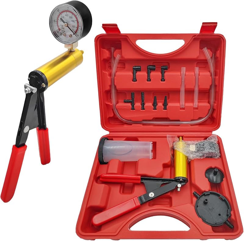 Hand Held Vacuum Pump Brake Bleeder Kit, One-Man Oil Change Vacuum Pump Test Set with Gauge Adapters, Automotive Brake Clutch Fluid Bleeding Tool Set with Protected Case