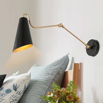 KSANA Modern Swing Arm Wall Lamp, Plug in or Hardwired Wall Sconces Lighting, Black and Gold Adjustable Light Fixture with On/Off Switch for Bedroom, Kitchen and Living Room