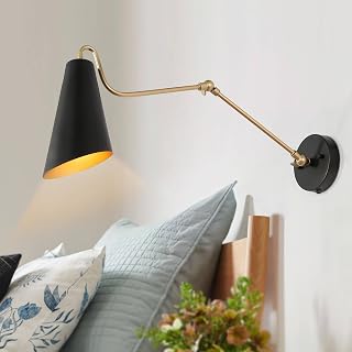 KSANA Modern Swing Arm Wall Lamp, Plug in or Hardwired Wall Sconces Lighting, Black and Gold Adjustable Light Fixture with On/Off Switch for Bedroom, Kitchen and Living Room