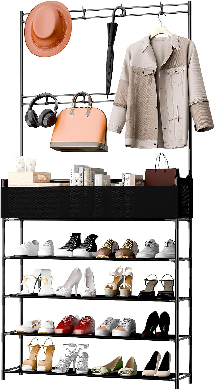 SXhyf 5 Tier Coat Rack, Coat and Shoe Rack, Entryway Shoe Rack with 8 Hooks and Storage Bag for Entrance, Hallway, Foyer, Bedroom (Black)