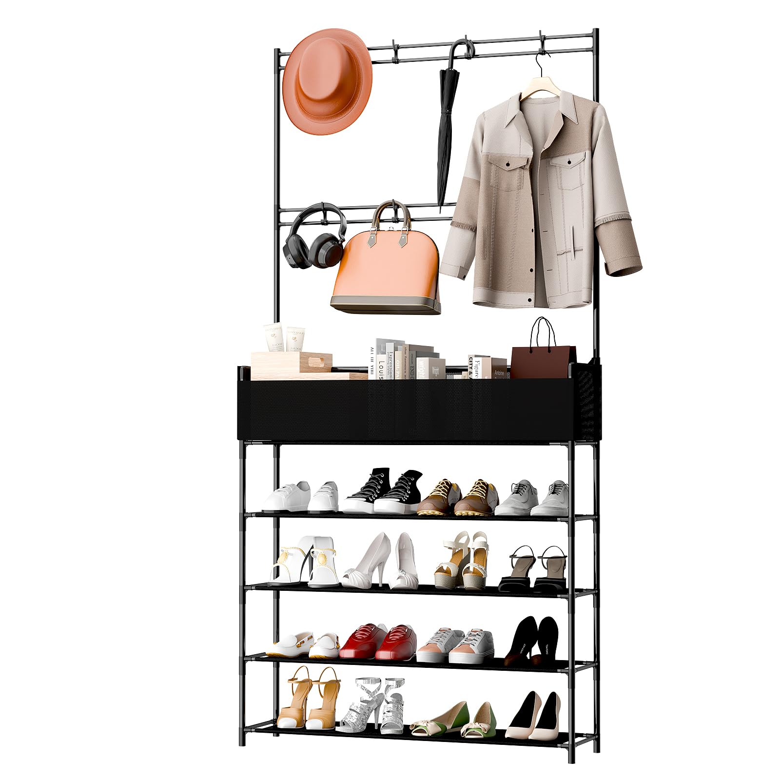 SXhyf 5 Tier Coat Rack, Coat and Shoe Rack, Entryway Shoe Rack with 8 Hooks and Storage Bag for Entrance, Hallway, Foyer, Bedroom (Black)