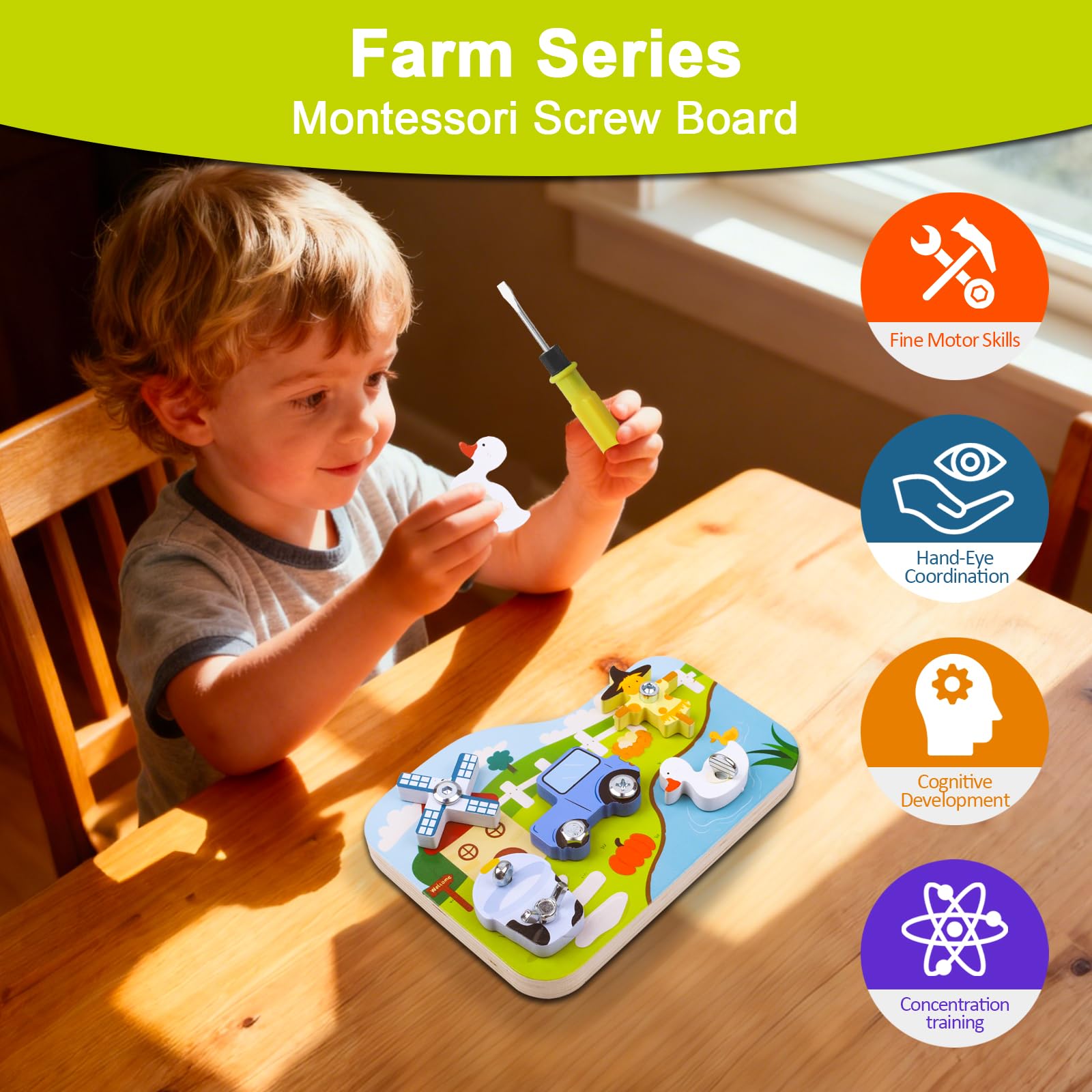 Liangding Montessori Wooden Farm Busy Board, 16 Piece Screw Activity Board - Image 3