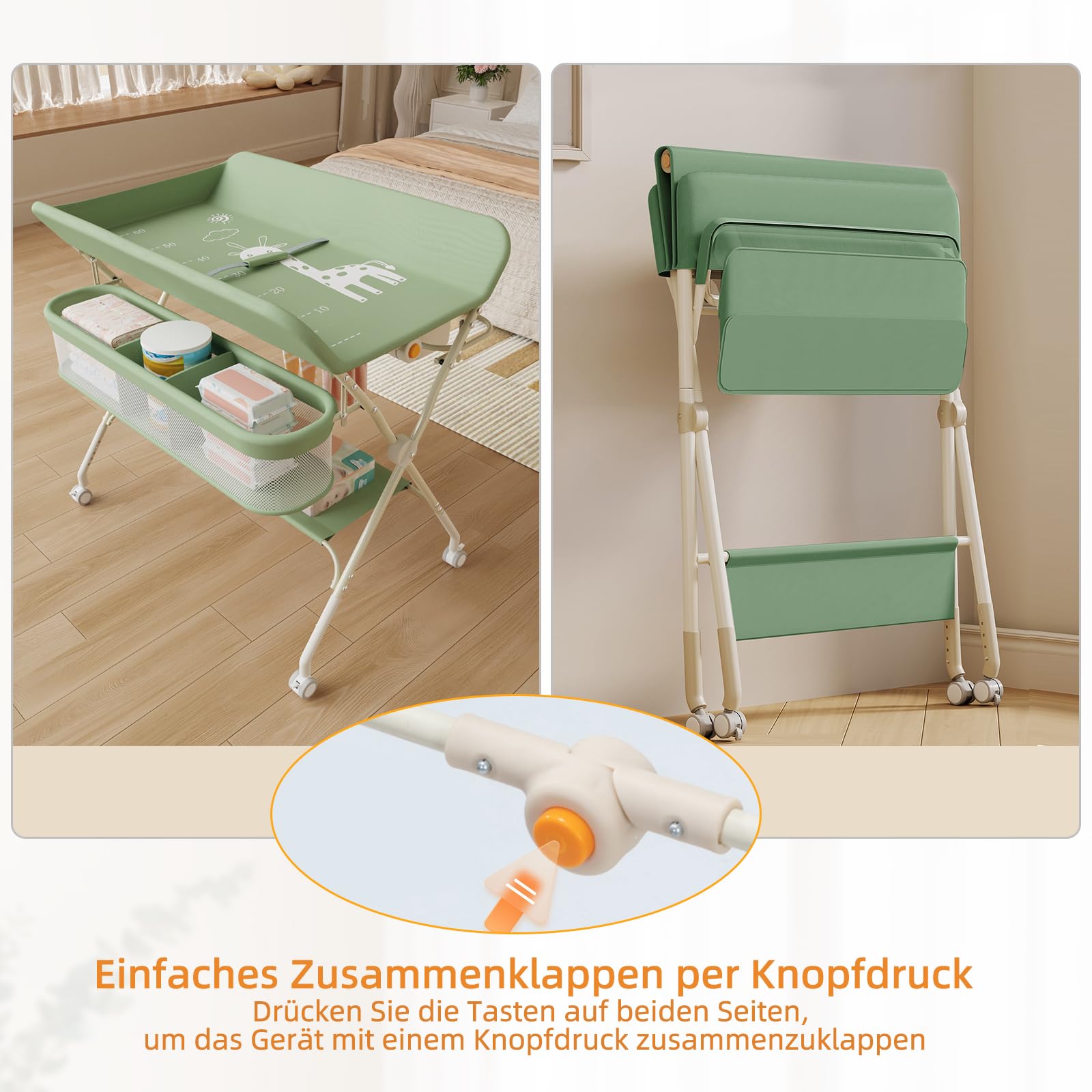 homewell Cambiador de bebé plegable, cambiador portátil, con ruedas, altura ajustable en 5 niveles, con cinturón de seguridad, compartimentos y lavabo, color verde