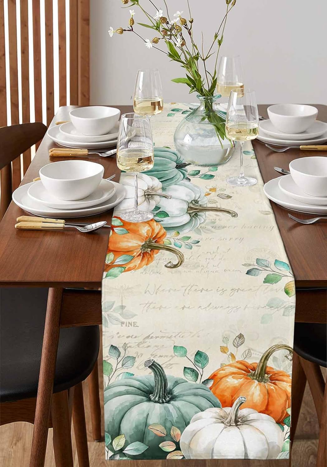 Teal Orange White Fall Table Runner 72 Inches Long Farmhouse Dress Scarves, Thanksgiving Pumpkins Retro Dining Tablerunner for Coffee Table/Kitchen Island/Party Décor, 18" x 72"