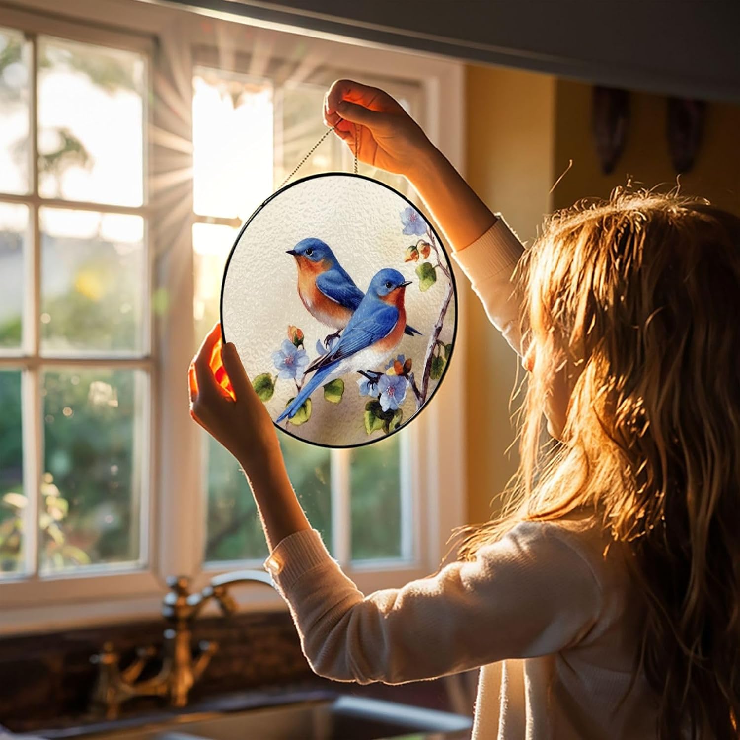 Happy Bluebirds Stained Glass Suncatcher for Window Hanging Sun Catcher Ornament for Women Men Suncatcher for Home Decor, 12in（30cm） Round Glass Ornament for Mother's Day Birthday Gift