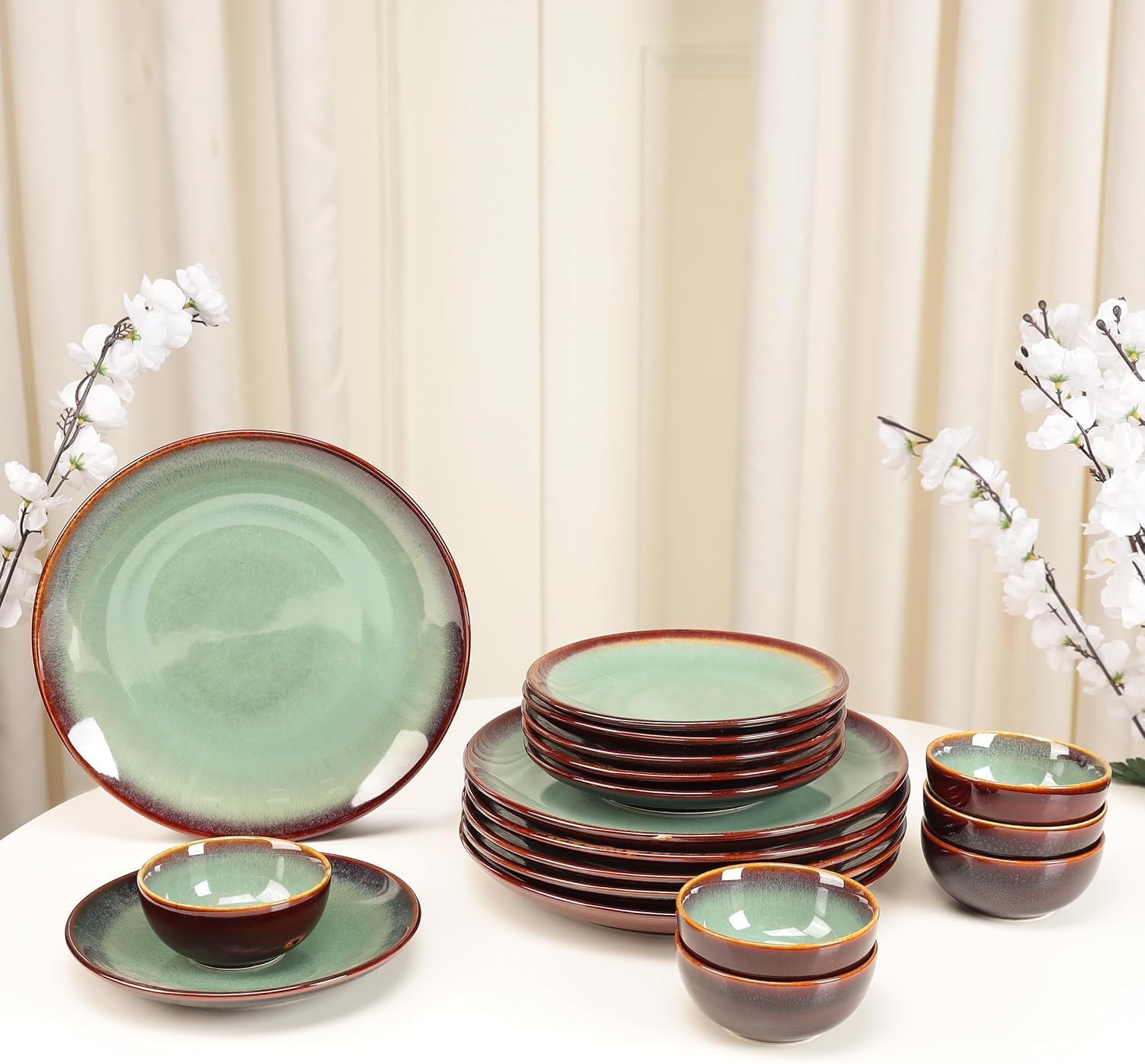 Premium Stoneware Dinner Set | Handcrafted Ceramic Tableware | Microwave & Dishwasher Safe | Luxury Stoneware Dinner Set for Modern Homes (Aqua Teal, Set of 18)