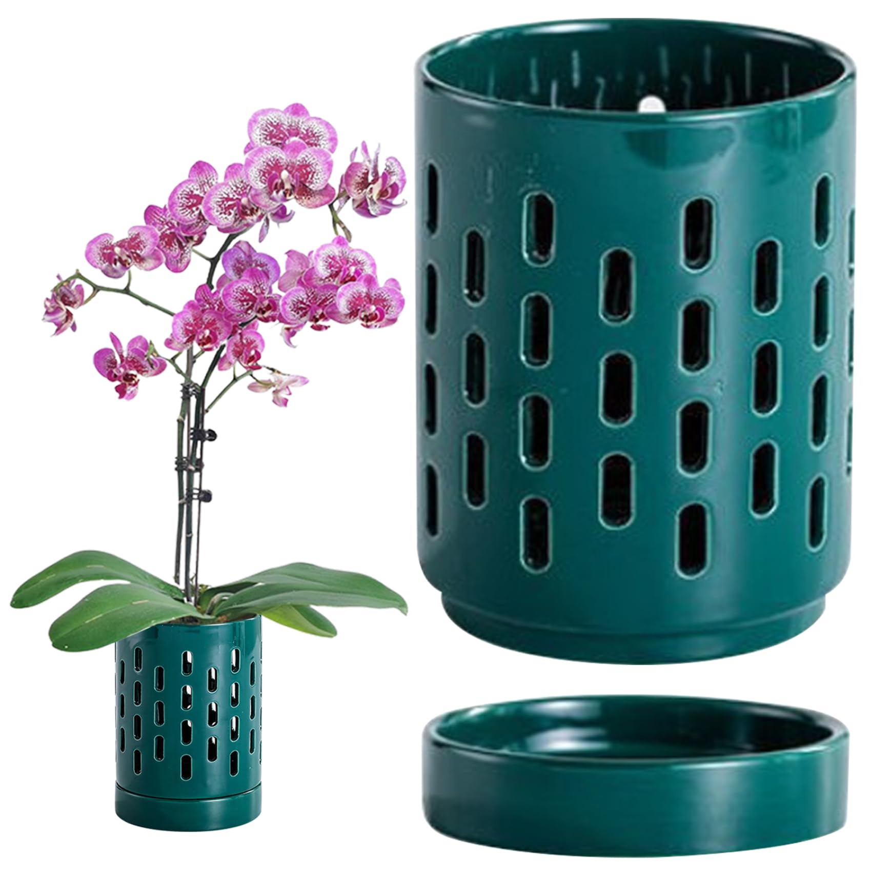 fkngcp Hollow Orchid Pots with Holes & Saucers, 4 Inch Small Ceramic Orchid Pot, Effective Drainage and Ventilation Planter for Indoor/Outdoor Green Pots with Holes