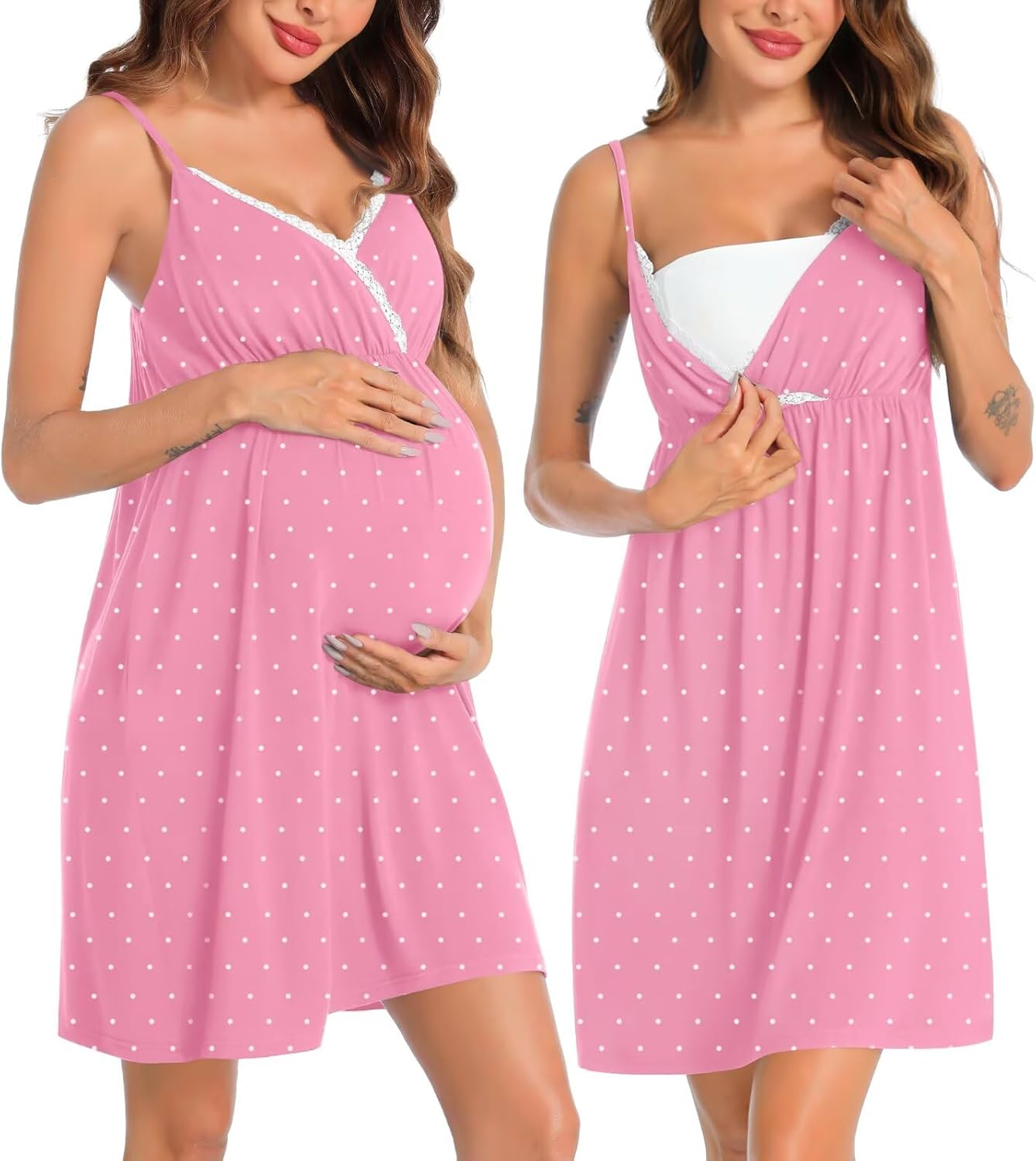 SWOMOG Womens Maternity Robe 2 Piece Nursing Nightgown for Breastfeeding 3 in 1 Labor Delivery Nursing Dress Lace Bathrobe