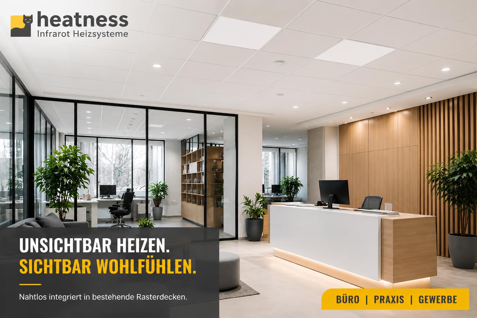 heatness Riscaldamento da soffitto a griglia 62 × 62 cm con cornice – Pannello riscaldante a infrarossi per soffitti a griglia in ufficio, pratica e spazio abitativo – calore rapido, efficiente dal