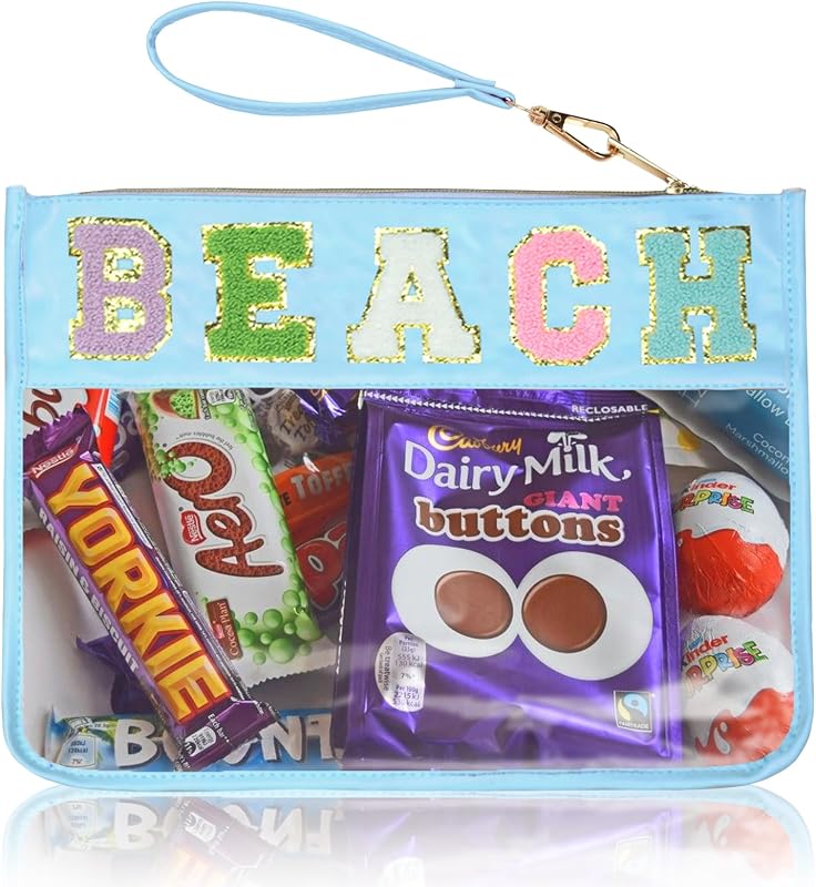 Necessaire transparente Burskit com zíper, letras de chenille e material sintético, BL-BEACH