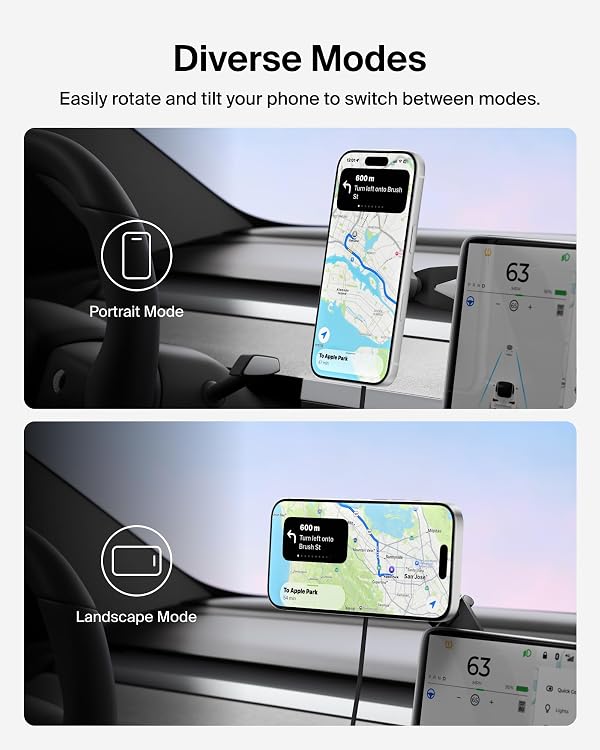 Belkin Tesla Phone Mount, Magnetic Wireless Car Mount for EV (Strong Magnet) w/ 3.3ft USB C Cable, Qi2 MagSafe Compatible Fast Charging for iPhone 17/16/15, Model 3, Model Y, etc. - Tesla Accessories by Belkin - Image 8