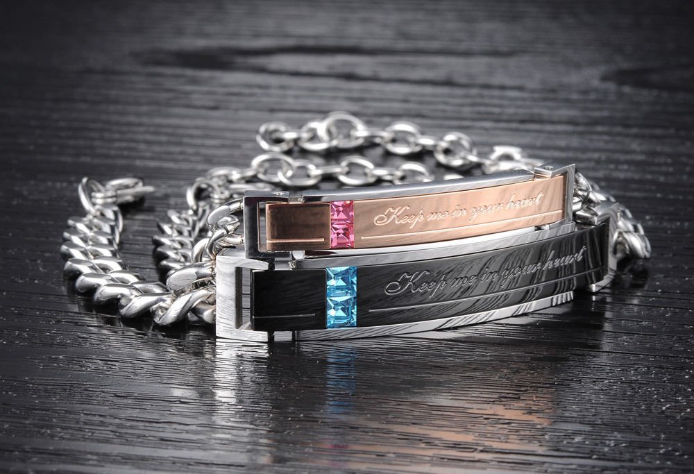 Kim Johanson Edelstahl Pärchen Schmuckset Armbänder & Ketten *Love Story* für verliebte Roségold & Schwarz mit Cubic Zirkonia inkl. Schmuckbeutel