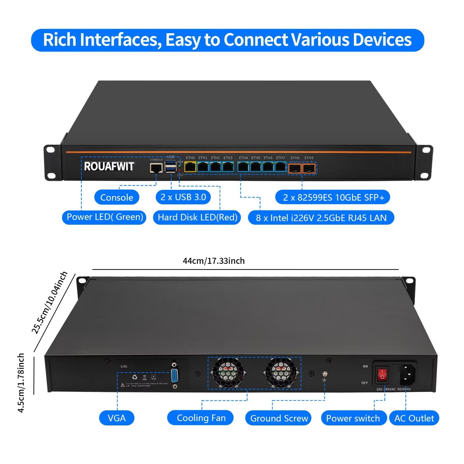 1U Firewall Appliance Z87, Core i5 4300M, 2x 10GBe Lan, 8 x i226V 2.5GbE LAN, OPNsense, VPN, 19 Inch 1U Network Rackmount, VGA, Console, USB3.0, DDR3L 8G RAM 128G SSD