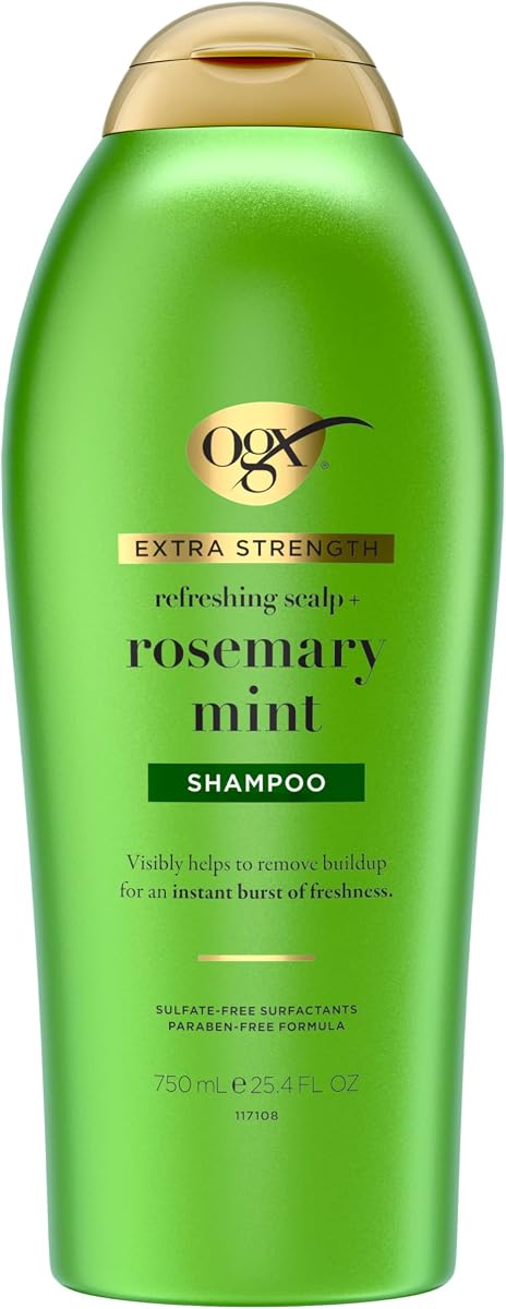 OGX Extra Strength Refrescante cuero cabelludo + champú de menta y romero, champú clarificante para cabello graso que ayuda a eliminar la grasa y los residuos para eliminar la acumulación, tensioactivos sin sulfato, 25.4 fl. onz